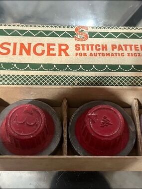 Singer Red Vintage Stitch Pattern Caps - Set of 2